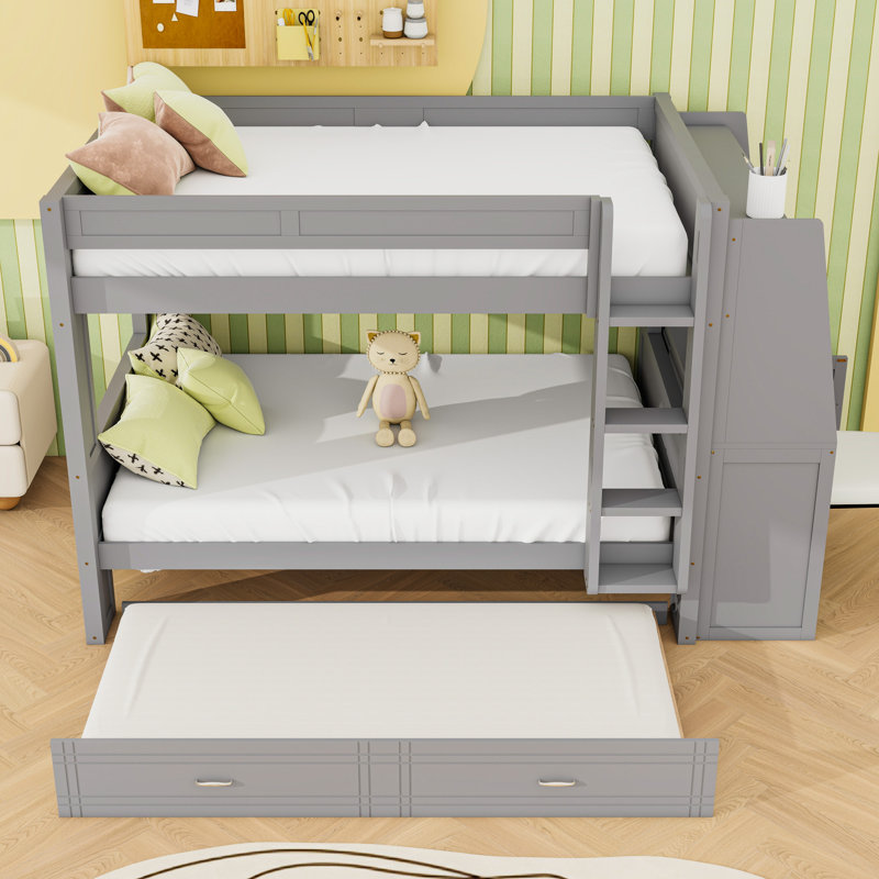 Lit superposé avec bureau et lit gigogne, gris