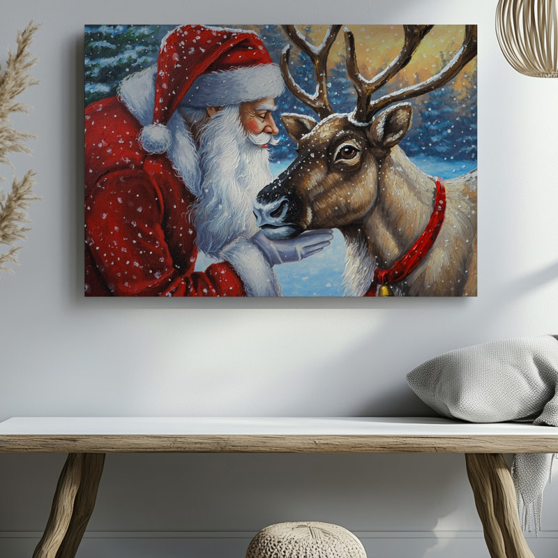 Toile, "Joyful Scene Captures A Close Interaction Entre Santa Claus", art mural et un ensemble de rennes, H 16 po x l 20 po