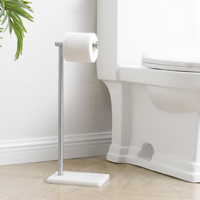 Modern Freestanding L-Shaped Toilet Paper Holder with Square Marble Base, Stainless Steel Floor-Standing Towel Holder, Non-Slip Stable Design for Bathroom