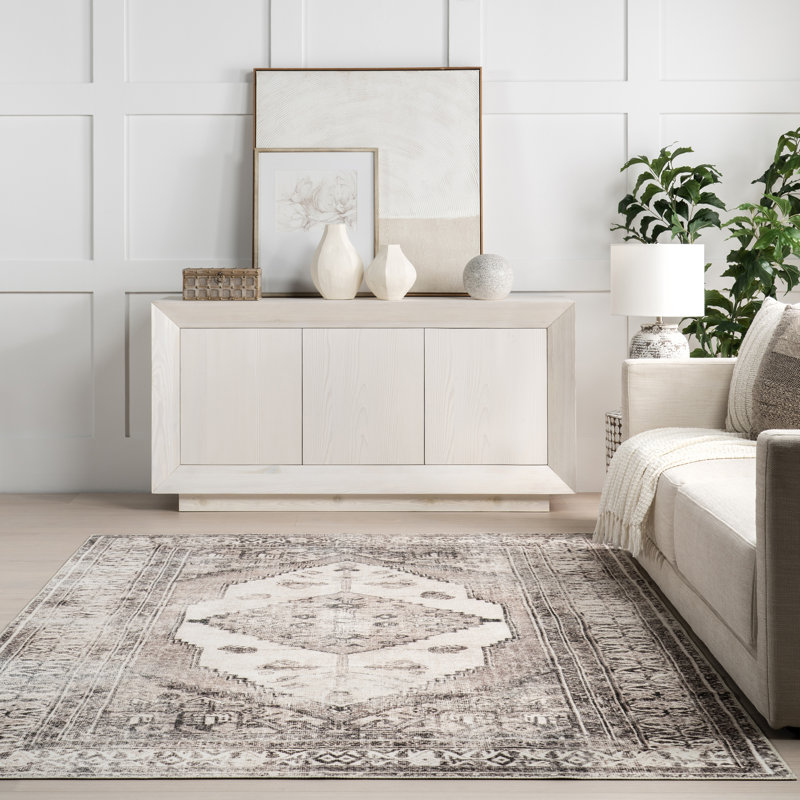 Teo Medallion Machine Washable Area Rug for Living Room Bedroom Dining Room Kitchen, Light Grey/Ivory, Rectangle 3' x 5'