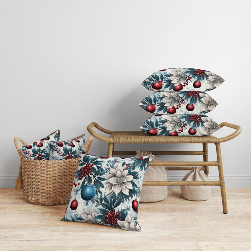Coussin Festive Flurries, H 16 po x l 16 po, Floral rouge / bleu