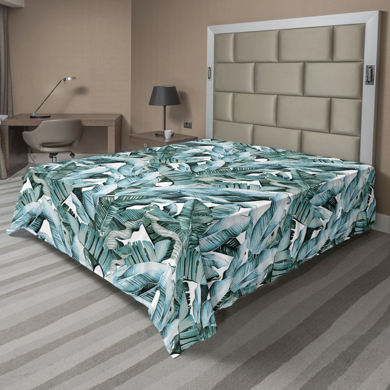 Drap plat Ambesonne, feuilles de bananier, imprimé exotique, vert jade, bleu ciel, Drap plat très grand californien
