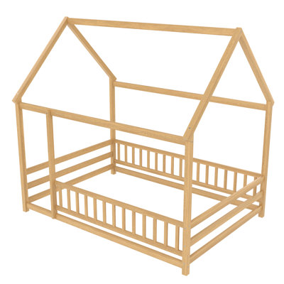 Lit double en bois avec cadre de maison et barrières de sécurité pour chambre d'enfant