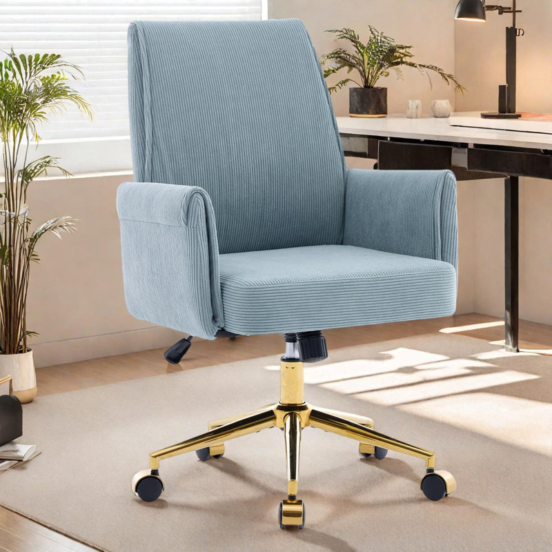 Mid-Back Ergonomic Office Chair with Striped Fabric and Golden Base, Blue