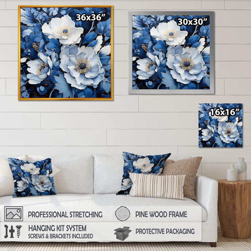 Aquarelle de fleurs saisonnières bleues et blanches II - Fleurs, art mural, H 16 po x l 16 po x P 1 po