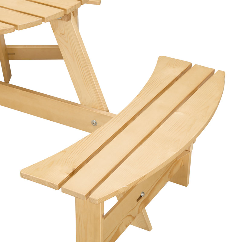 Table de pique-nique pour 6 personnes avec trou pour parasol et 3 bancs intégrés - Étanche, imperméable, bois naturel pour l'extérieur, bancs spacieux, porche de jardin