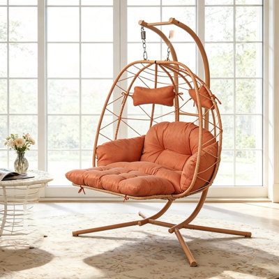 2 Person Hanging Egg Chair With Stand, Double Outdoor Wicker Swing, Adjustable Footrest & Thickened Cushions For Patio