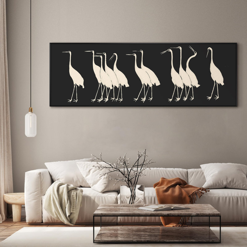 Très grande reproduction d'art sur toile - grues beiges minimalistes modernes sur fond sombre, H 24 po x l 72 po