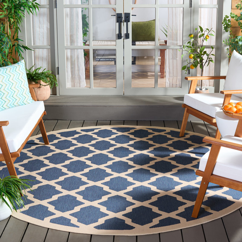 Bordeaux Geometric Blue/Beige Area Indoor/Outdoor Area Rug, Round 7'1