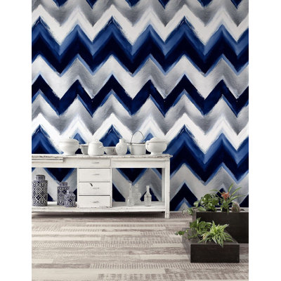 Papier peint à motif de chevrons bleu argenté