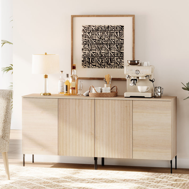 Union Rustic 63" Wooden 4 Doors Sideboard With Reeded Design, 2-In-1 Modern Credenza Storage Cabinet For Kitchen, Dining Room
