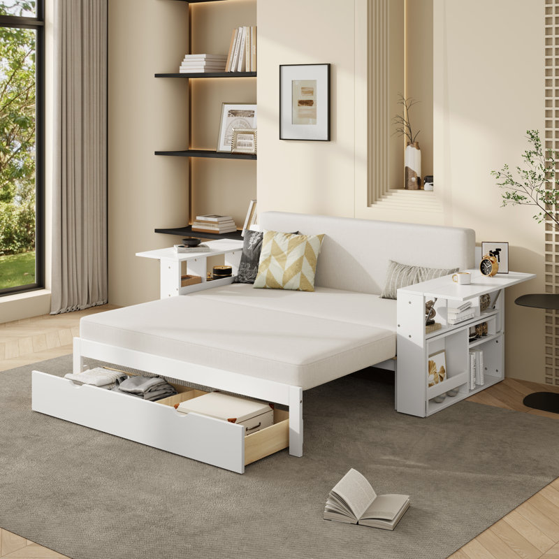 Lit de jour Rylith 4 en 1 avec bureau amovible, tiroirs de rangement et table d'appoint hydraulique, Complet/Double, Blanc