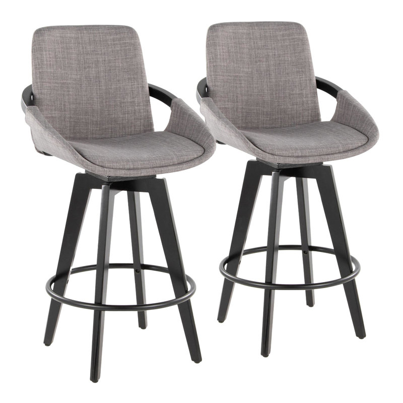 Tabouret de comptoir rembourré à hauteur fixe de 26 po avec pieds en bois noir et repose-pieds rond Whitacre, Gris / Noir