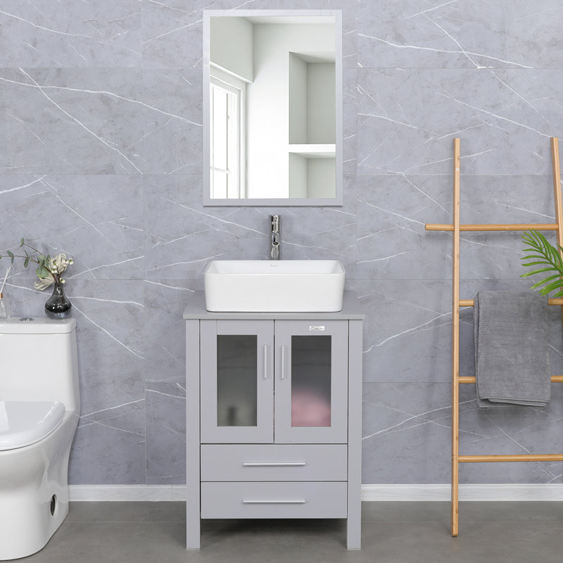 24'' Single Bathroom Vanity Set with Vessel Sink, Faucet, Drain, Gray