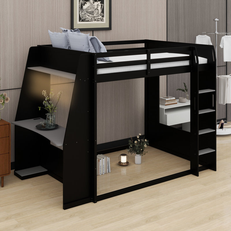 Lit superposé de jeu avec bureau, tablettes de rangement, ports USB et lumières DEL, Black+Grey