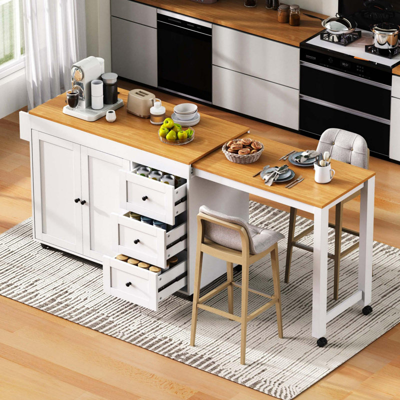 Îlot de cuisine 74,8 po avec table de salle à manger extensible, chariot de rangement de cuisine avec 3 tiroirs, prise de courant, îlot de cuisine sur roulettes avec support à épices et armoire à 2 portes, pour la cuisine