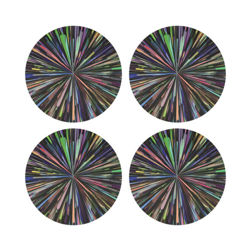 Fireworks Black Vegan Leather Round Coasters, Black