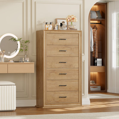 Arihana 53" H Vertical 6-Drawer Dresser, Space-Saving Rustic Wood Chest with Fluted Front & Metal Handles for Bedroom or Entryway
