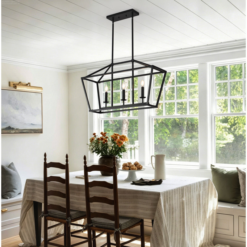 Lustre de salle à manger à 3 lumières de style maison de campagne linéaire industriel avec tige réglable à hauteur réglable noir mat