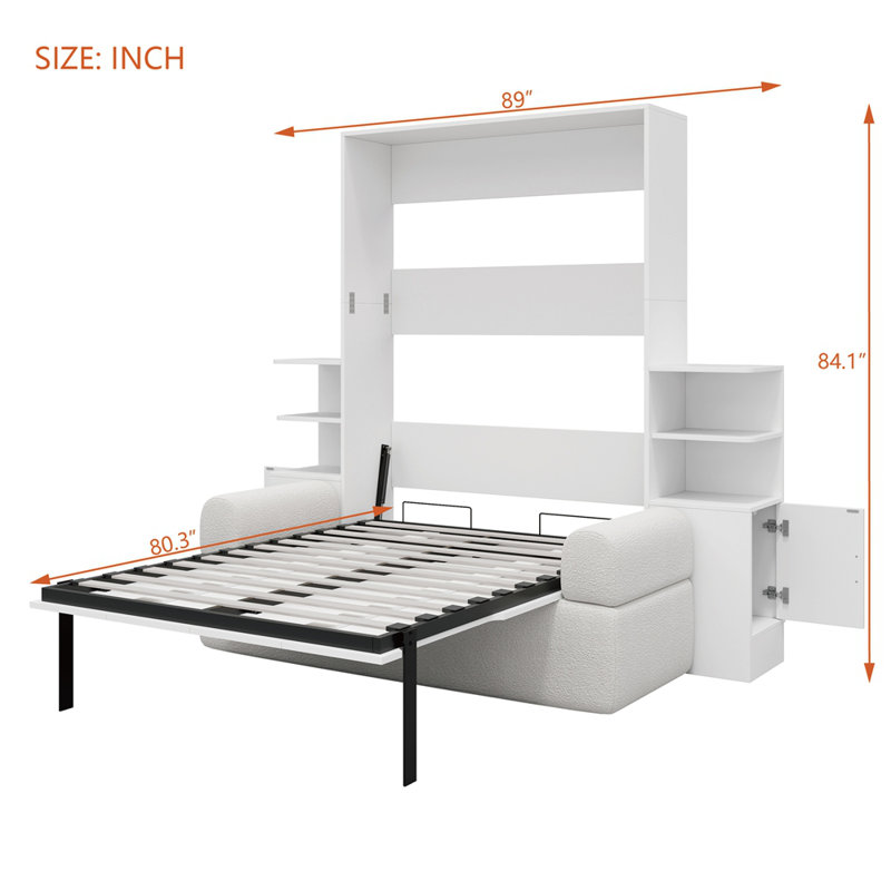 Lit escamotable double pleine grandeur avec canapé et armoires de rangement, lit mural peu encombrant pour bureau à domicile et chambre d'amis
