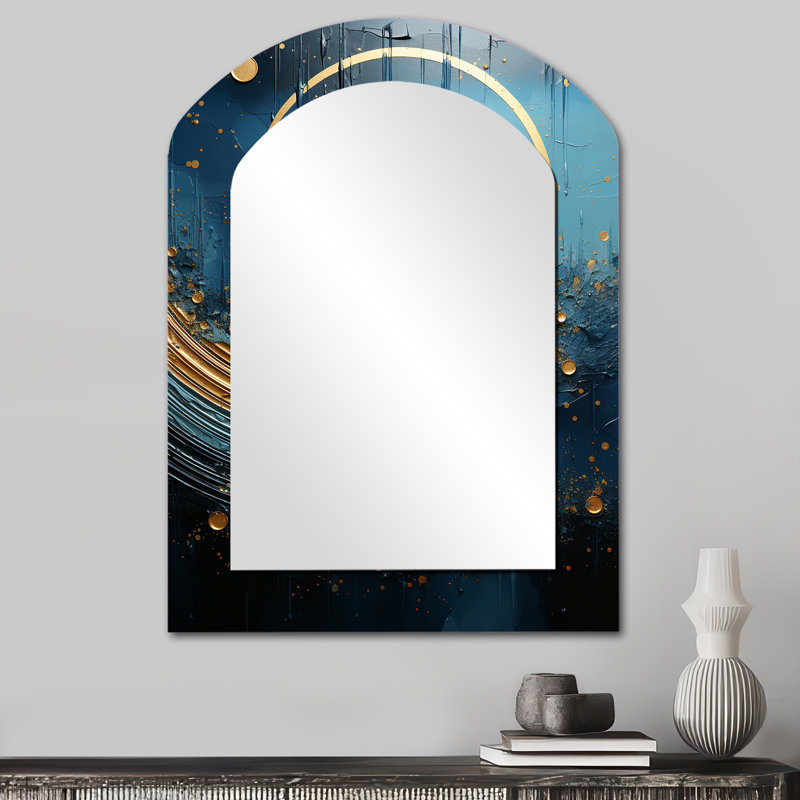 Moon Blue And Gold Cerulean Cycle Dreams - Moon Arch Mirror, Blue Asymmetrical Decorative Wall Mirror, Printed Metal Art
