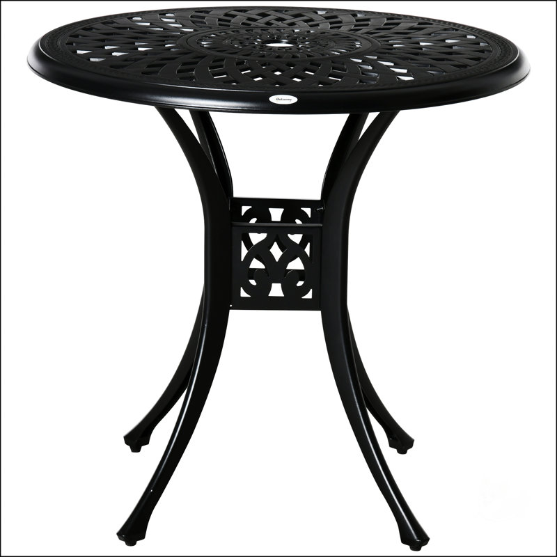 Antique Cast Aluminum 30 Inch Round Patio Dining Table With Umbrella Hole For Outdoor Use, Durable And Stylish