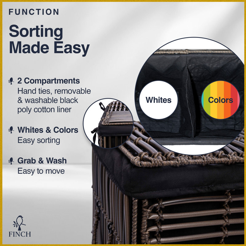 Finch Double Laundry Hamper with Lid & Handles, Foldable, Divided Section, Steel Frame Woven Rattan
