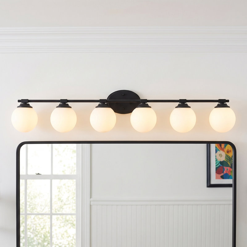 Modern 6-light Matte black vanity light, Opal White Glass
