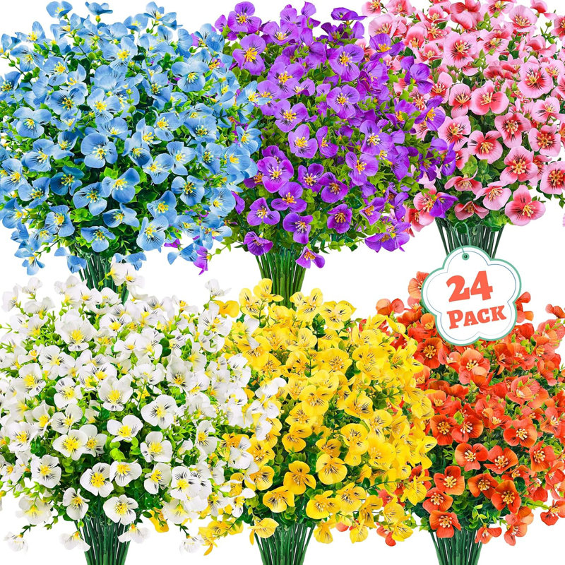 24 Bundles Artificial Pansy Flowers For Outdoors, UV Resistant 6 Assorted Colors Fake Pansies Spring Flowers For Planters Window Boxes Flower Beds Bulk Outdoor Garden Decor