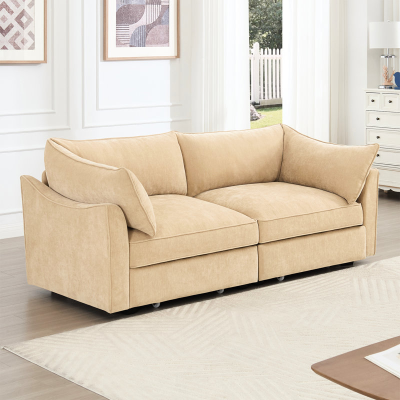 2 chenilles avec coussins de dossier et d'accoudoirs enveloppants, rangement escamotable, siège en forme de croissant, sièges confortables, qualité 2 artisanat, chenille blé, tiroirs, structure unique, solution de rangement, douceur