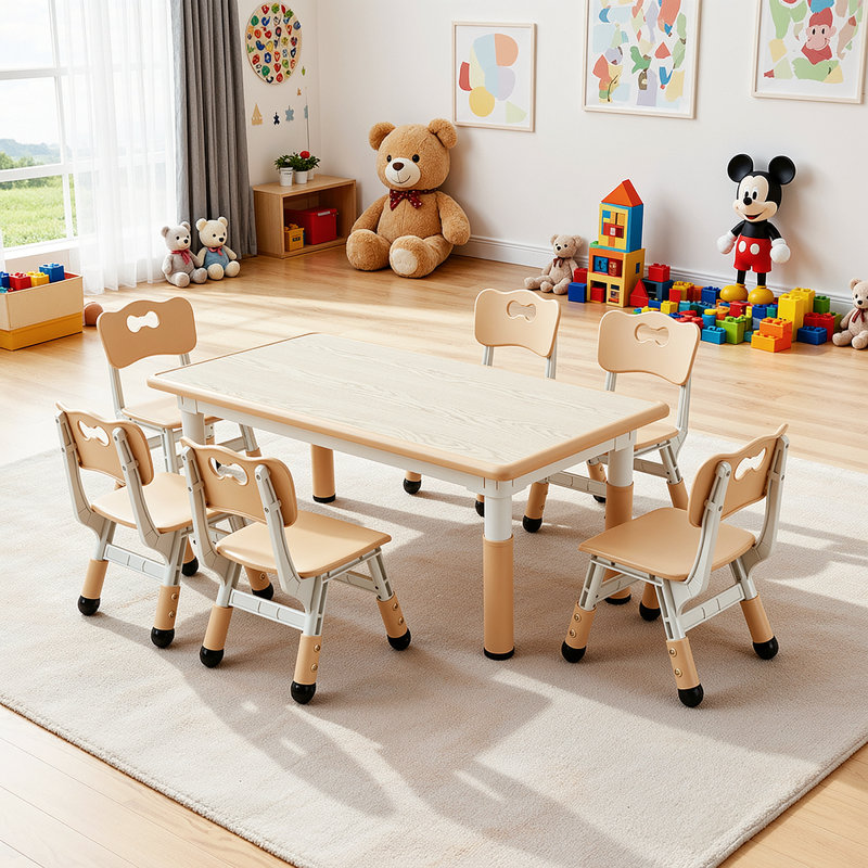 Kids Table and 6 Chairs Set, Height Adjustable Graffiti Desk, Preschool Activity Art Craft Table, for Daycare Classroom Home Boys and Girls Age 3-12 (Beige)