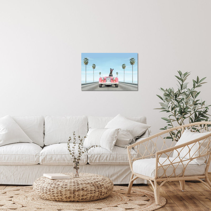 «Vintage Pink Car with Zebra» par Tiny Treasure Prints - impression non encadrée, H 24 po x l 32 po x P 0,25 po