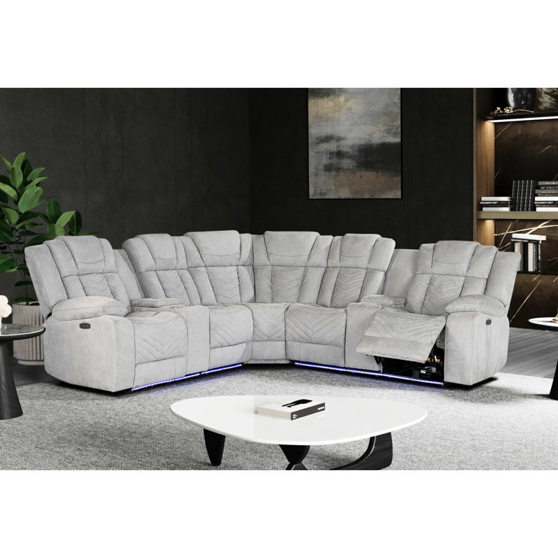 Méridienne modulaire en bois de frêne, base en bois massif, revêtement, inclinaison électrique, actionnement des boutons, porte-gobelets, tissu gris, 97 po x 41,5 po, 343,5 lb moderne, base, housse, options d'inclinaison, bouton-poussoir