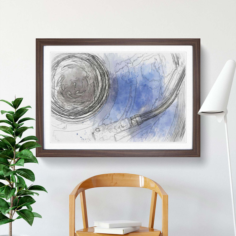 Blue Vinyl Record in Abstract - Picture Frame Drawing Print, Walnut Framed, 36cm H x 48cm W x 2cm D