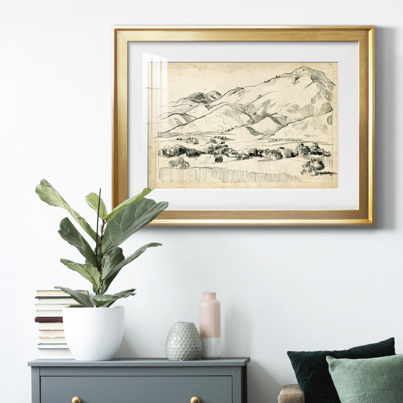 Croquis de montagne I, H 26,5 po x l 36,5 po x P 1 po, Papier avec cadre doré, Blanc