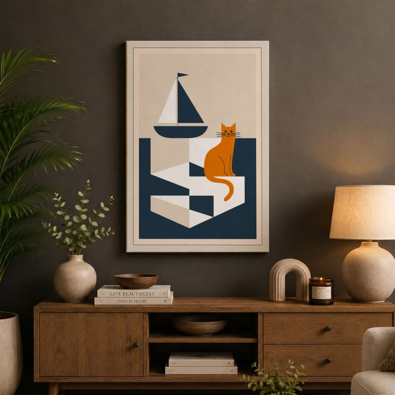 Cat and Sailboat Mid-Century - Wrapped Canvas, 18x12 - 45.7 x 30.5 cm, Teal Border