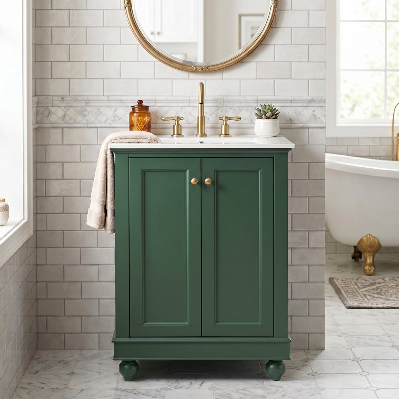Meuble-lavabo moderne autoportant de 24 po de couleur verte avec lavabo en céramique, rangement ajustable, tablette réglable