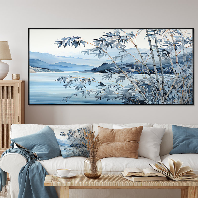 «Blue Bamboo Tranquility 1 - China Art», art mural, Cadre flottant noir, H 28 po x l 60 po x P 1,5 po