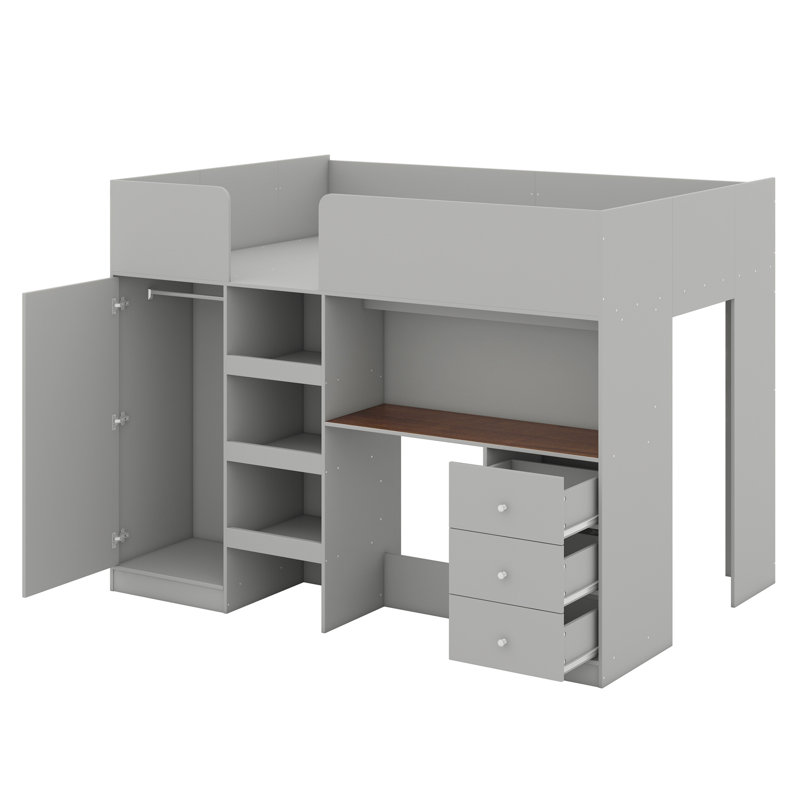 Lit mezzanine avec garde-robe intégré, bureau, tablettes de rangement et tiroirs, Gris