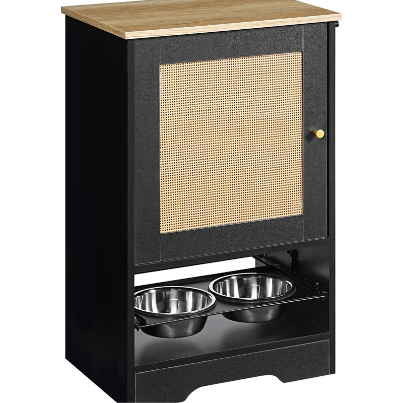 Table d'alimentation noire pour animaux avec armoires de rangement et conception coulissante - Gardez votre maison propre Station d'alimentation 2 bols surélevés 1 armoire, noir, optimisation de l'espace