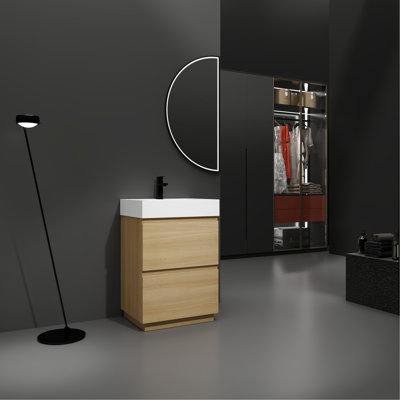 24" Bathroom Vanity , Single Sink With Double Drawer Cabinet, Modern, Engineering Wood, Brown, Practical Function Modern And Cabinet. Waterproof Finish, Brown Hue