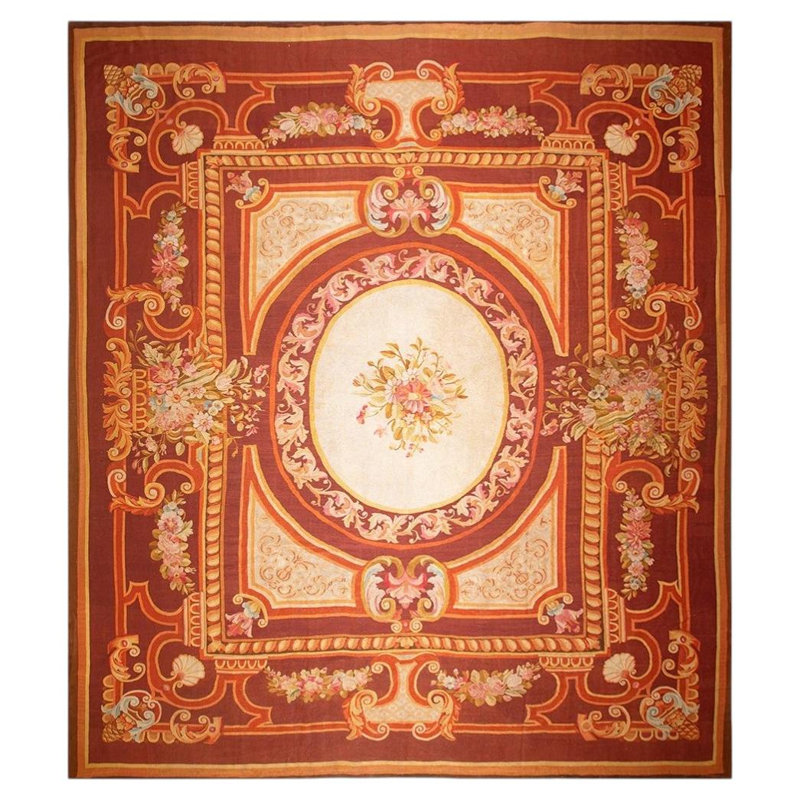 1850s Antique Ivory Neoclassical Floral Aubusson Flatwoven Wool Square Tapestry