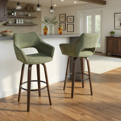 Tabouret de bar et de comptoir en tissu Sarah avec pieds en bois cintré et repose-pieds rond Sarah