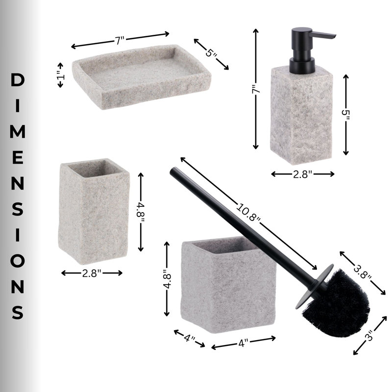 Ensemble d'accessoires de salle de bain effet pierre 4 pièces, Gris