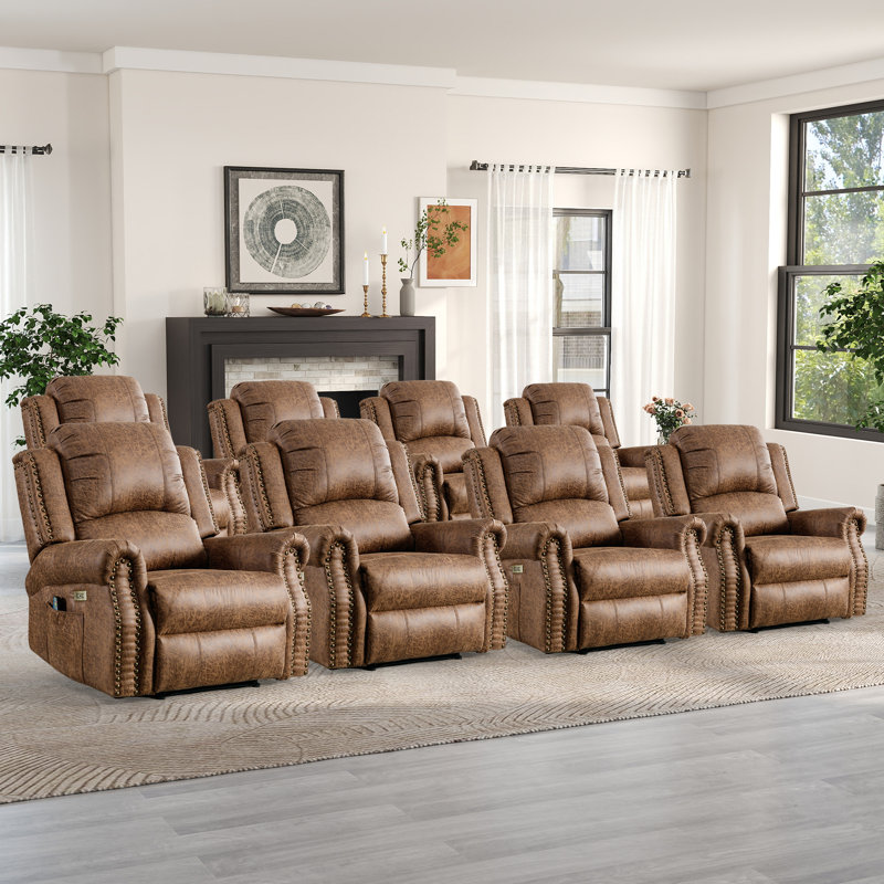 Alverez 38.19" Wide Top Faux Leather Power Standard Recliner Chair Brass Nail Decoration Massage Heating With USB Port (Set Of 8)
