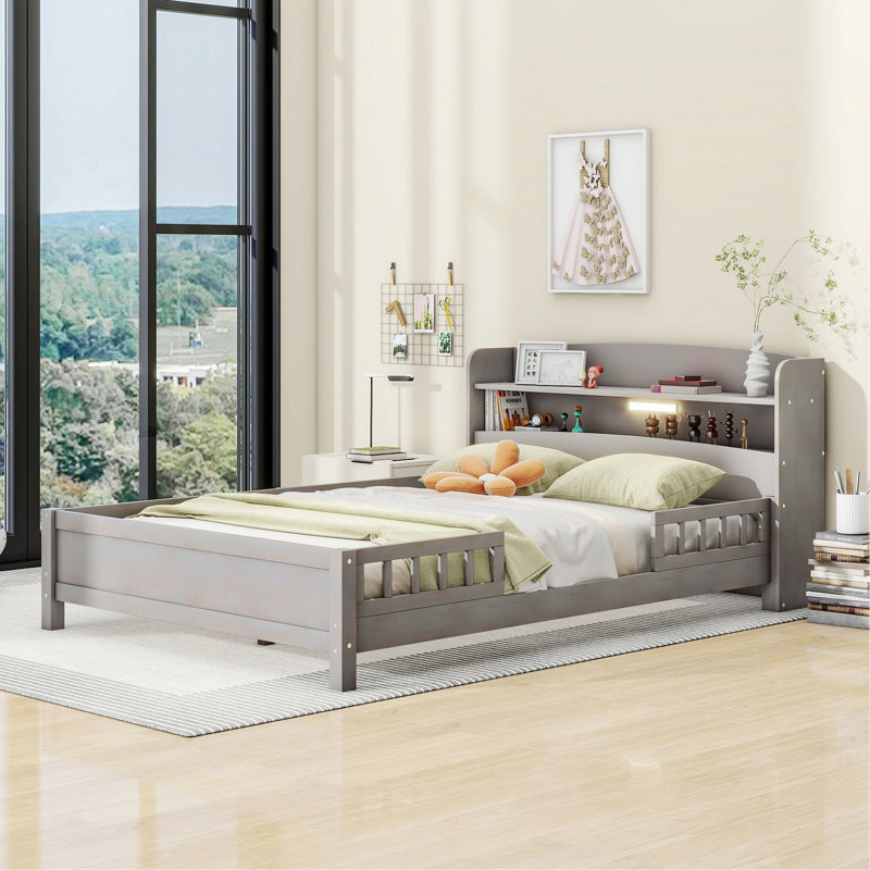 Lit élégant pour appartement, chambre d'amis, lit plateforme, lit plateforme en bois avec éclairage à DEL intégré, tête de lit avec rangement et garde-corps