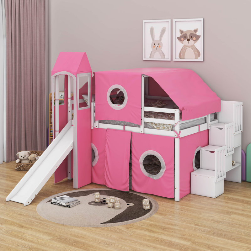 Lit mezzanine double avec tente et tour, Rose