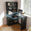 Bureau d'ordinateur d'angle en L avec lumières à DEL intégrées et armoires en verre - Poste de travail ergonomique avec ports de chargement USB, plateau à clavier et tiroirs de rangement (noir)-1584651922