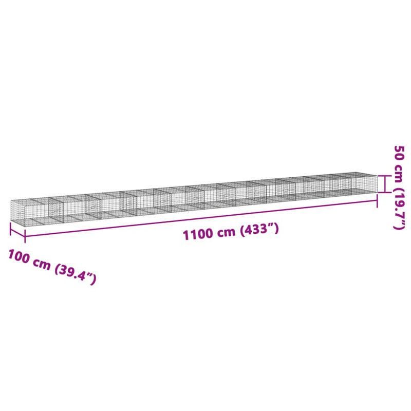 Galvanized Iron Gabion Basket with Cover, 36ft x 2ft x 3ft
