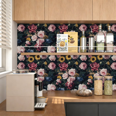 Papier peint adhésif floral rétro - Papier de contact en vinyle autocollant imperméable pour murs, armoires, tablettes et meubles au design rose botanique